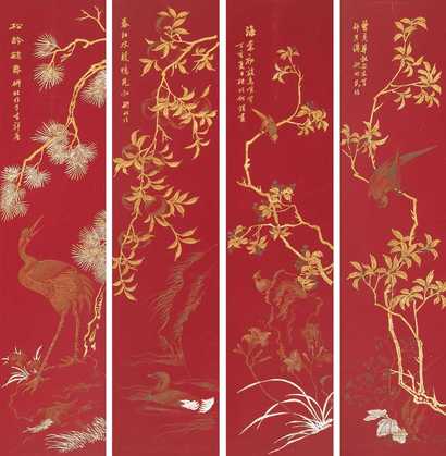 何煜 金银花鸟 四屏